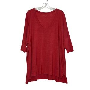 Eileen Fisher Batwing Dolman Sleeve V Neck 100% Linen Oversized Top Berry Red